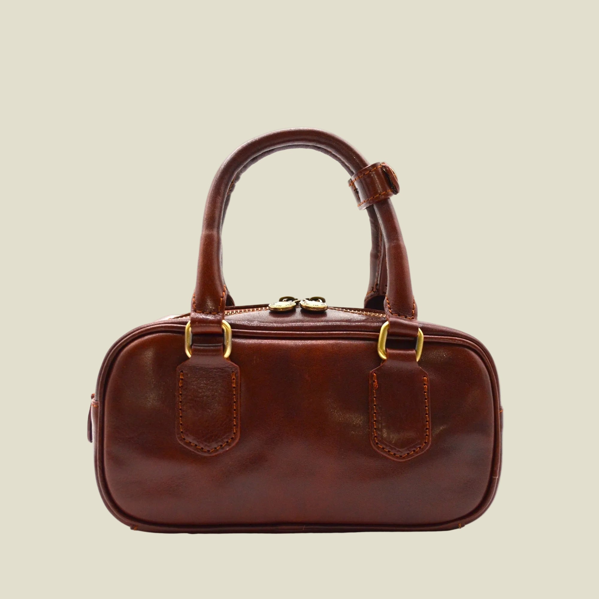 A dark brown leather handbag with a rounded rectangular body, dual top handles, and gold-tone hardware, shown against a plain white background.